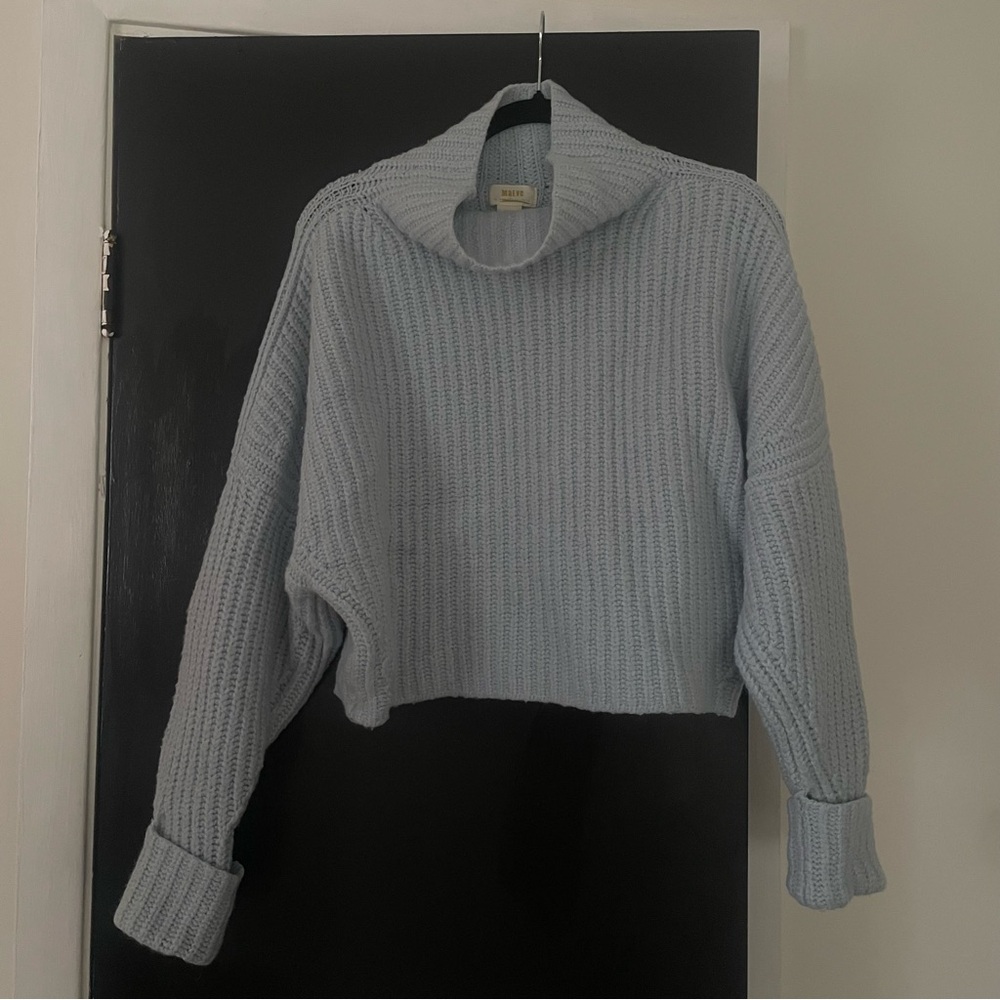 light blue cropped turtleneck sweater